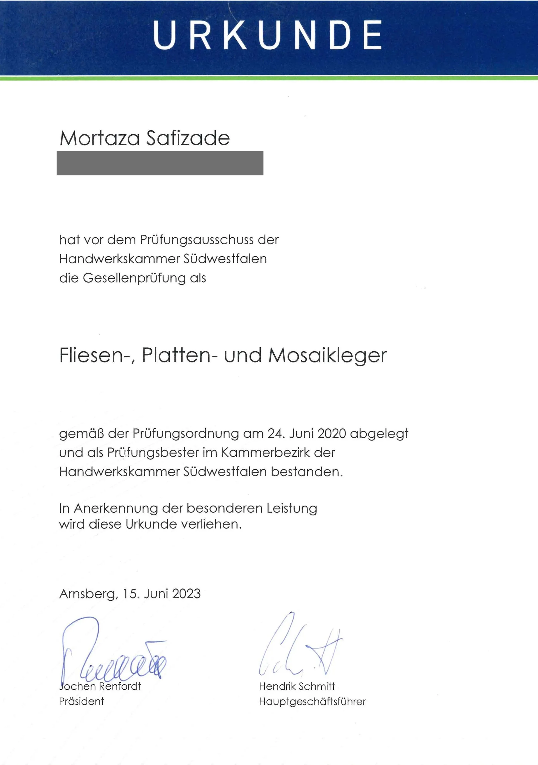 Urkunde der Handwerkskammer Südwestfalen für Mortaza Safizade: Gesellenprüfung als Fliesen-, Platten- und Mosaikleger am 24. Juni 2020 als Prüfungsbester im Kammerbezirk bestanden