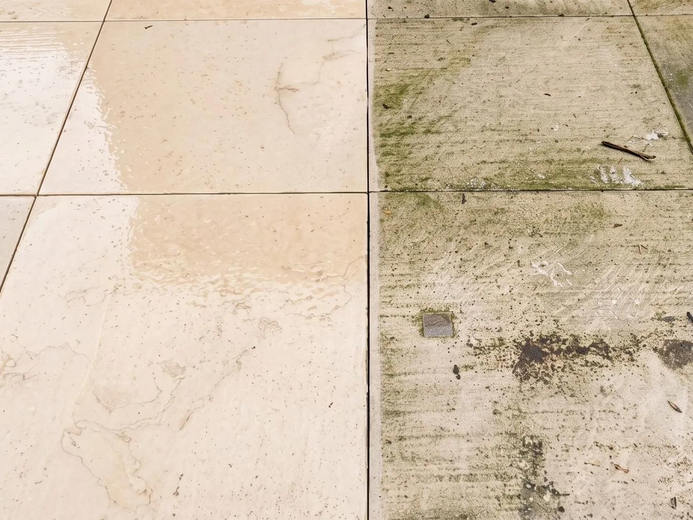 Beige Naturstein-Terrassenplatten im direkten Vergleich: links frisch gereinigt, rechts mit grünem Belag