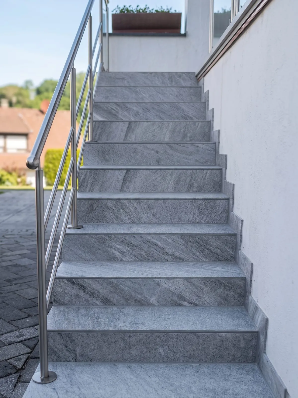 Kompletter Treppenlauf mit Platten in Gneis-Optik und Edelstahl-Geländer, von unten gesehen