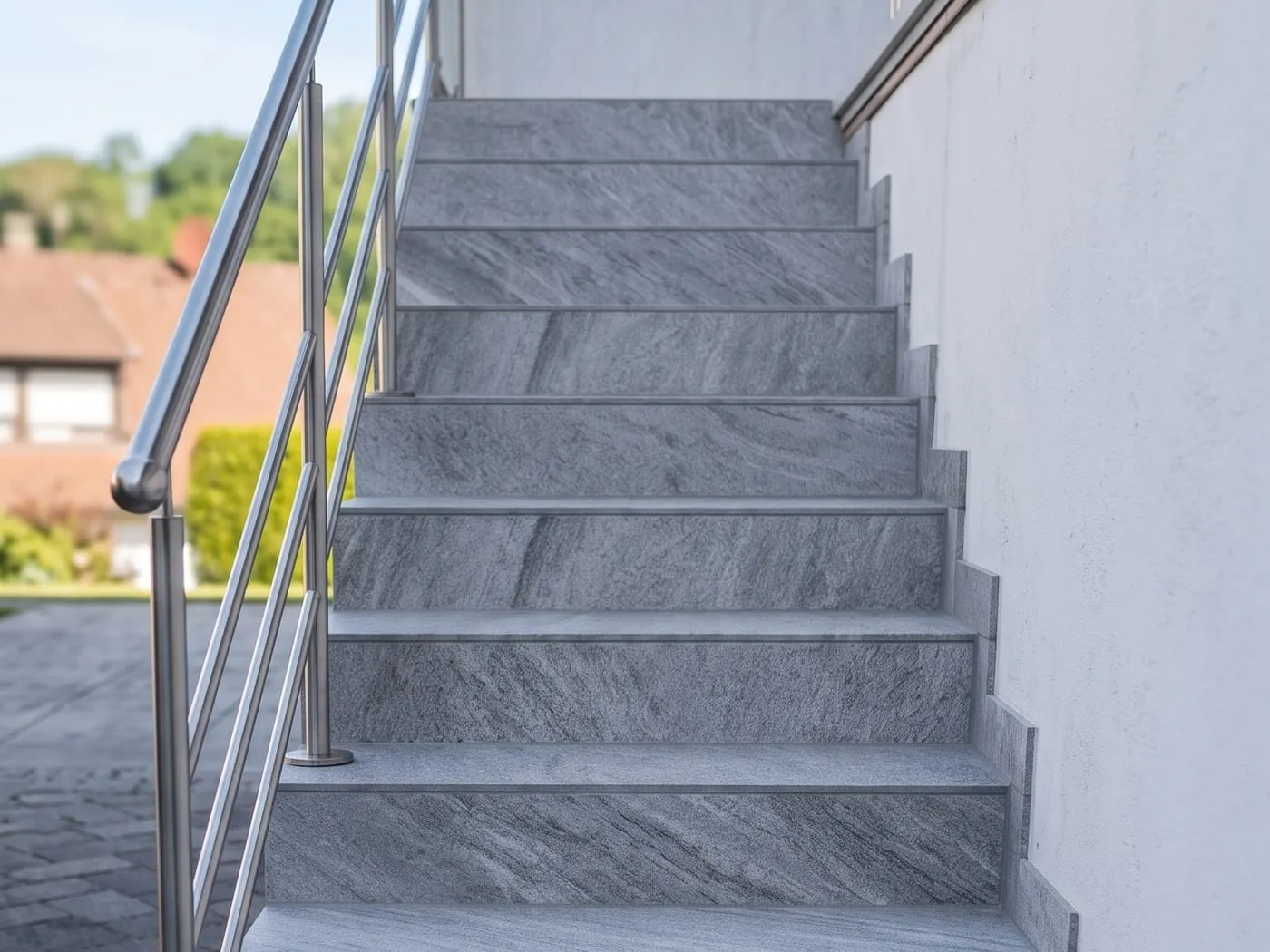 Außentreppe mit Platten in Gneis-Optik und Edelstahl-Handlauf